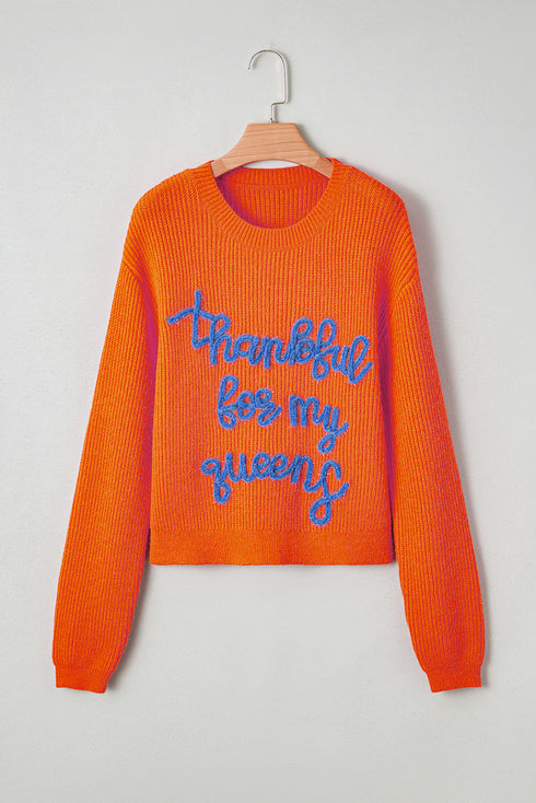 Thankful For My Queens Graphic Ribbed Knit Sweater