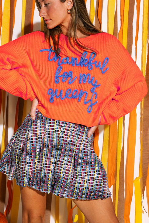 Thankful For My Queens Graphic Ribbed Knit Sweater