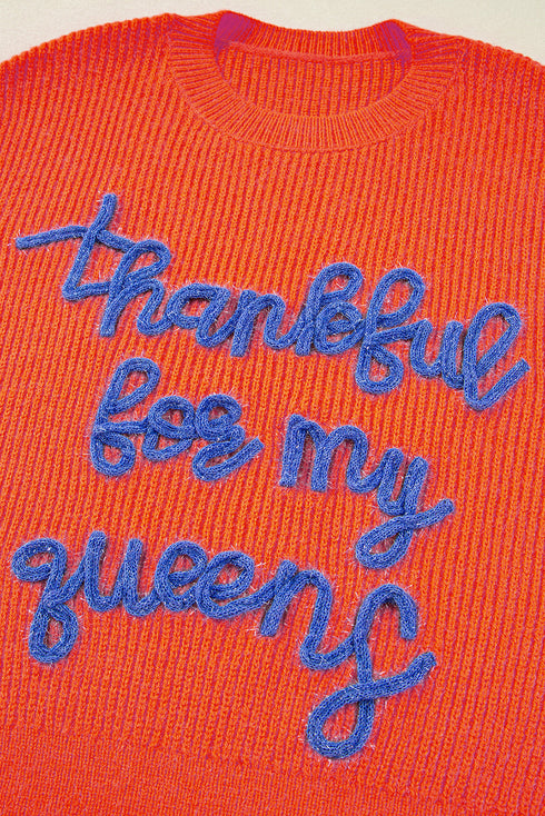 Thankful For My Queens Graphic Ribbed Knit Sweater