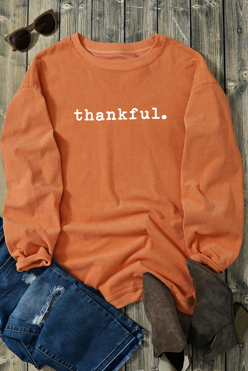Thankful Graphic Corded Crew Neck Pullover Sweatshirt
