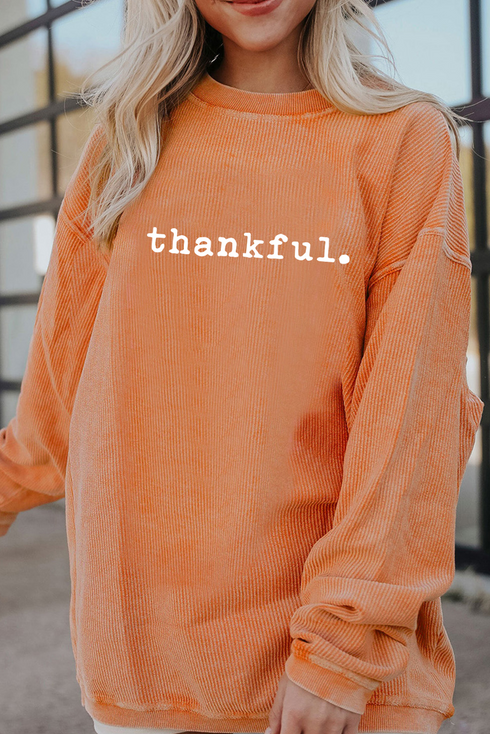 Thankful Graphic Corded Crew Neck Pullover Sweatshirt