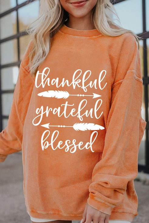 Thankful Grateful Blessed Corduroy Graphic Pullover Top