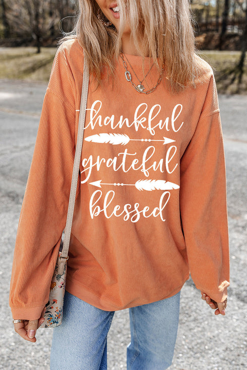 Thankful Grateful Blessed Corduroy Graphic Pullover Top