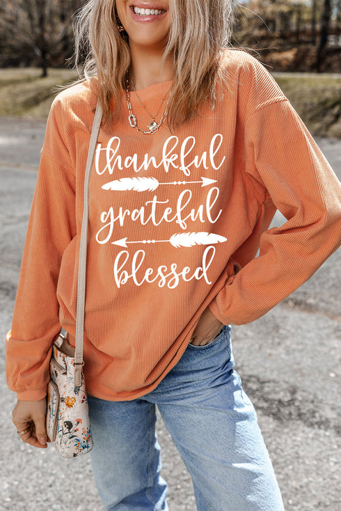 Thankful Grateful Blessed Corduroy Graphic Pullover Top