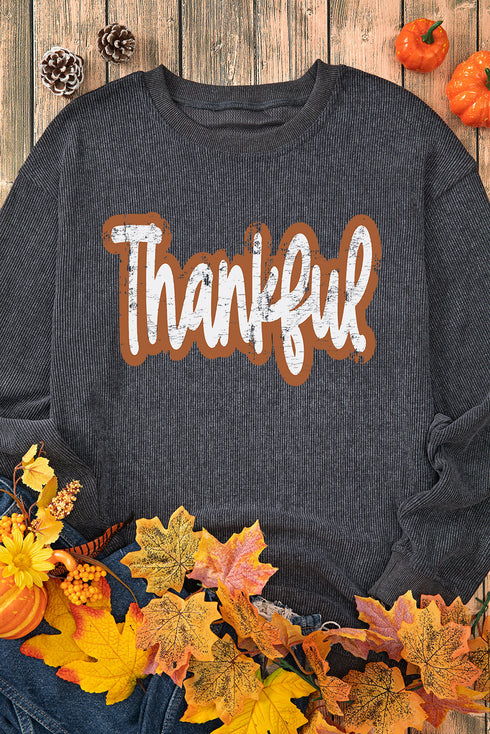 Thankful Printed Drop Shoulder Corded Thanksgiving Sweatshirt