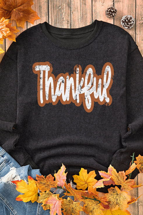 Thankful Printed Drop Shoulder Corded Thanksgiving Sweatshirt