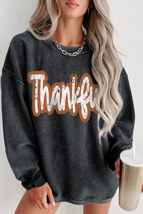 Thankful Printed Drop Shoulder Corded Thanksgiving Sweatshirt