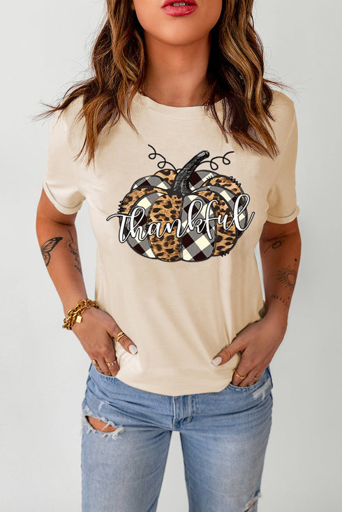 Thankful Pumpkin Graphic Mixed Print Short Sleeve Shirt