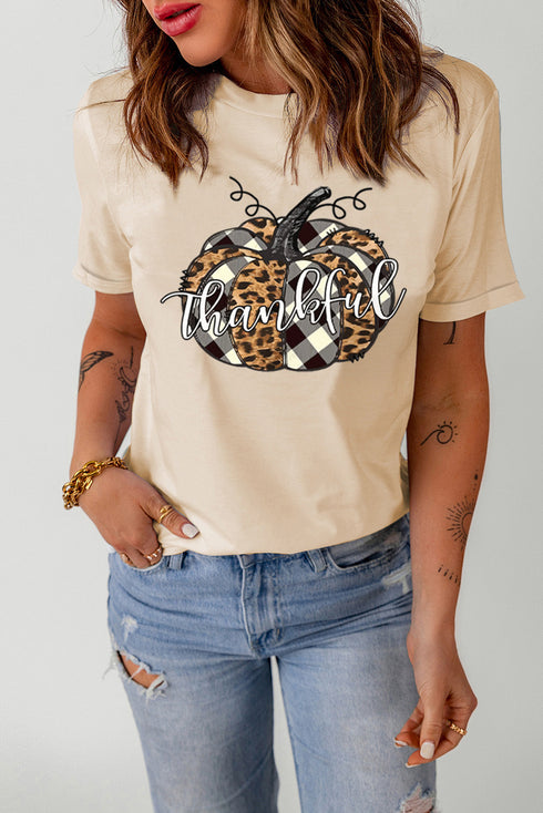 Thankful Pumpkin Graphic Mixed Print Short Sleeve Shirt