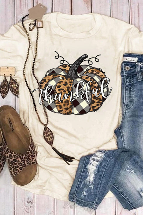 Thankful Pumpkin Graphic Mixed Print Short Sleeve Shirt