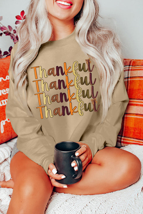 Thankful Repeat Graphic Drop Shoulder Crewneck Rib Trim Sweatshirt