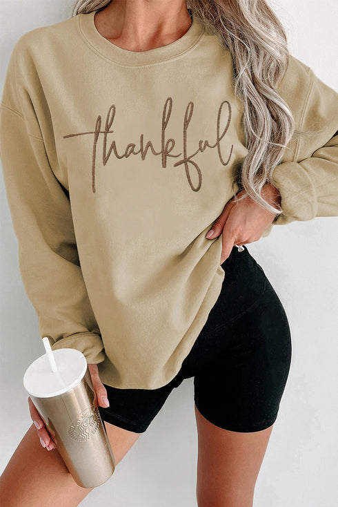 Thankful Script Graphic Crew Neck Pullover Sweatshirt