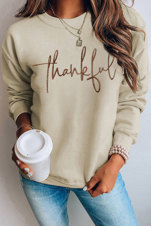 Thankful Script Graphic Crew Neck Pullover Sweatshirt