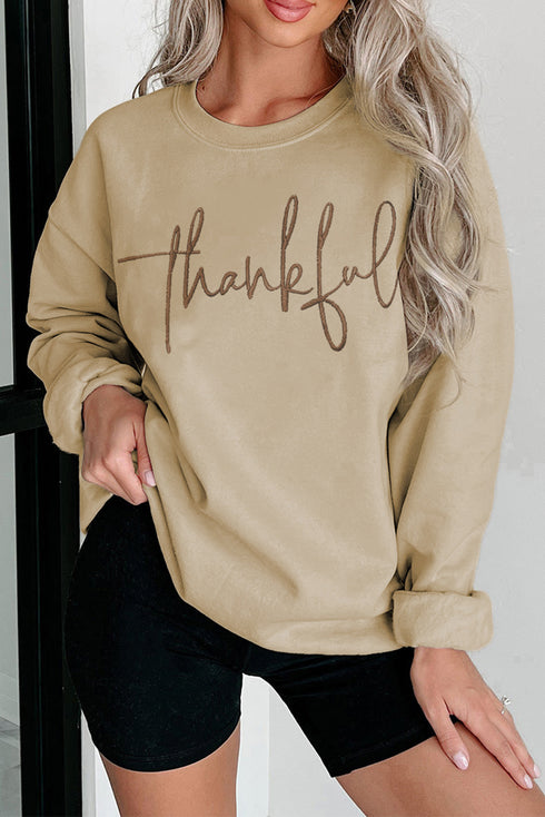 Thankful Script Graphic Crew Neck Pullover Sweatshirt