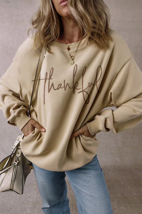 Thankful Script Graphic Crew Neck Pullover Sweatshirt
