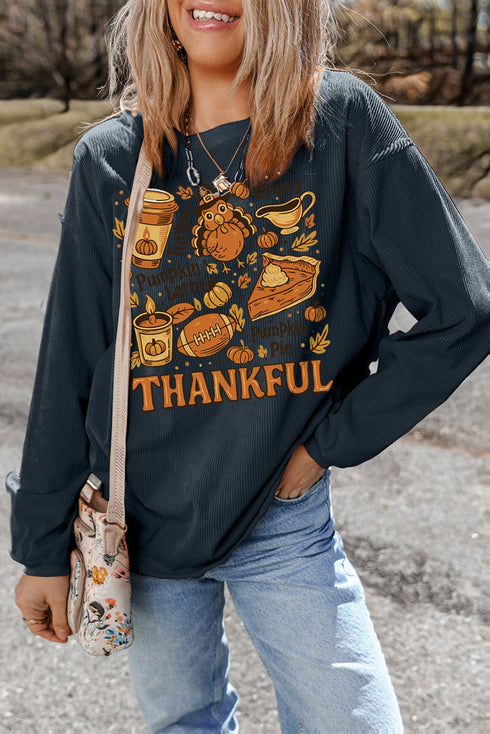 Thankful Turkey And Pie Graphic Corded Sweatshirt