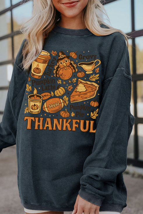 Thankful Turkey And Pie Graphic Corded Sweatshirt