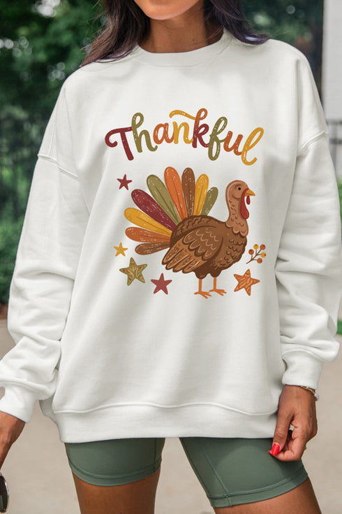 Thankful Turkey Themed Graphic Crew Neck Pullover Sweatshirt