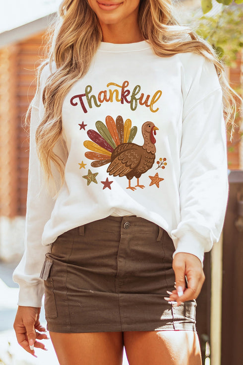 Thankful Turkey Themed Graphic Crew Neck Pullover Sweatshirt