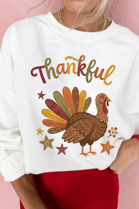 Thankful Turkey Themed Graphic Crew Neck Pullover Sweatshirt