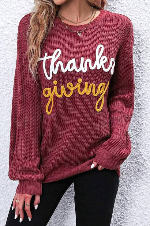Thanks Giving Letter Graphic Crew Neck Sweater