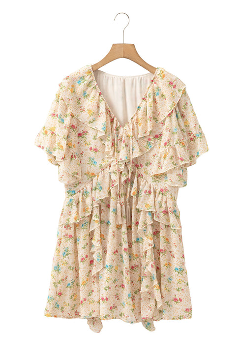 The Boho Floral Tassel Tie V Neck Ruffle Wide Sleeve Mini Dress
