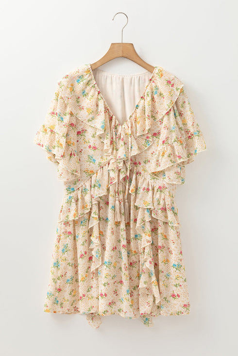 The Boho Floral Tassel Tie V Neck Ruffle Wide Sleeve Mini Dress