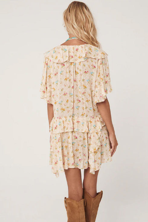 The Boho Floral Tassel Tie V Neck Ruffle Wide Sleeve Mini Dress