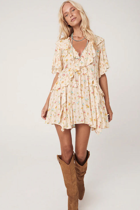 The Boho Floral Tassel Tie V Neck Ruffle Wide Sleeve Mini Dress