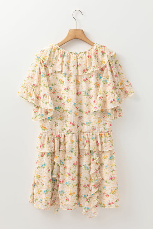 The Boho Floral Tassel Tie V Neck Ruffle Wide Sleeve Mini Dress