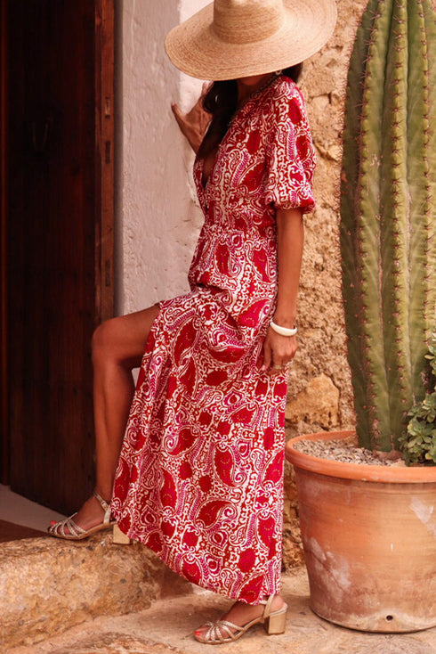 The Charleston Elegance Paisley Puff Sleeve Maxi Dress