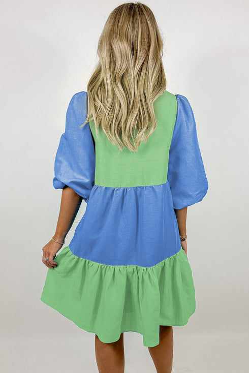 The Colorblock Frilled V Neck Puff Half Sleeve Shift Dress