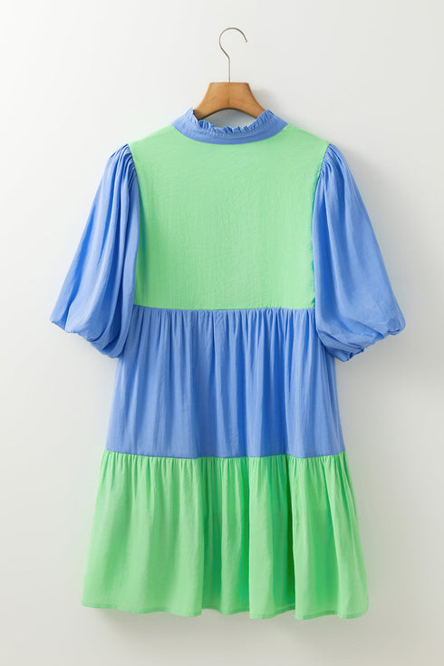 The Colorblock Frilled V Neck Puff Half Sleeve Shift Dress