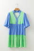 The Colorblock Frilled V Neck Puff Half Sleeve Shift Dress