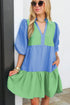 The Colorblock Frilled V Neck Puff Half Sleeve Shift Dress