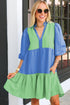 The Colorblock Frilled V Neck Puff Half Sleeve Shift Dress