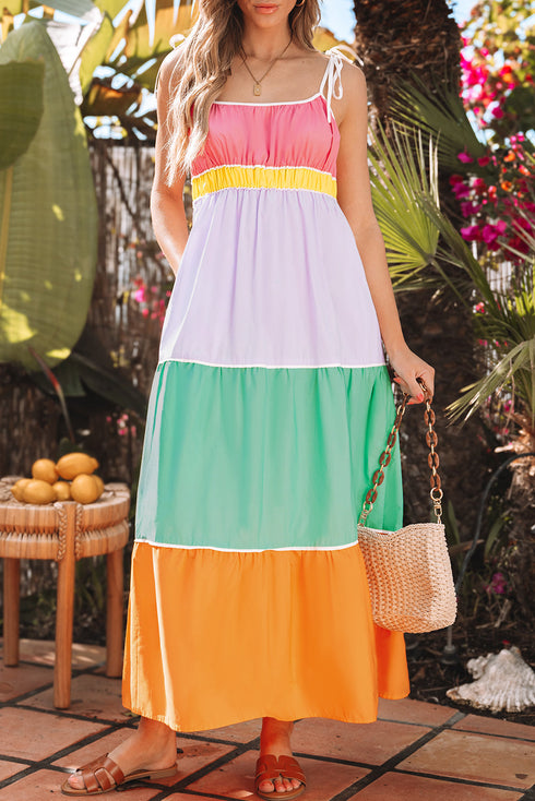 The Colorblock Self-tie Straps High Waist Flowy Maxi Dress with Pockets