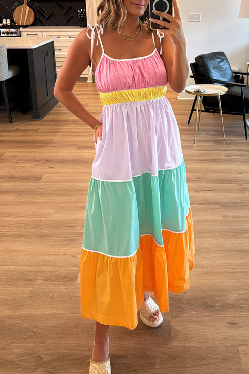 The Colorblock Self-tie Straps High Waist Flowy Maxi Dress with Pockets