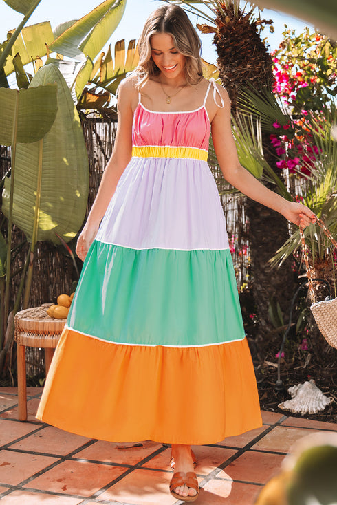 The Colorblock Self-tie Straps High Waist Flowy Maxi Dress with Pockets