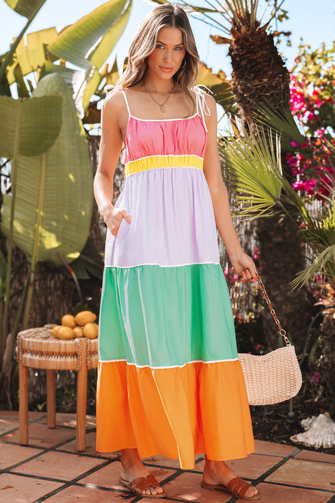 The Colorblock Self-tie Straps High Waist Flowy Maxi Dress with Pockets
