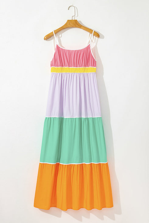 The Colorblock Self-tie Straps High Waist Flowy Maxi Dress with Pockets