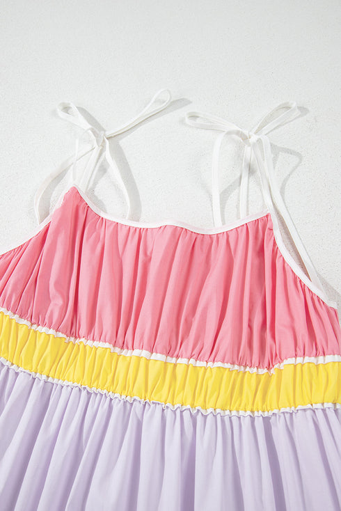 The Colorblock Self-tie Straps High Waist Flowy Maxi Dress with Pockets