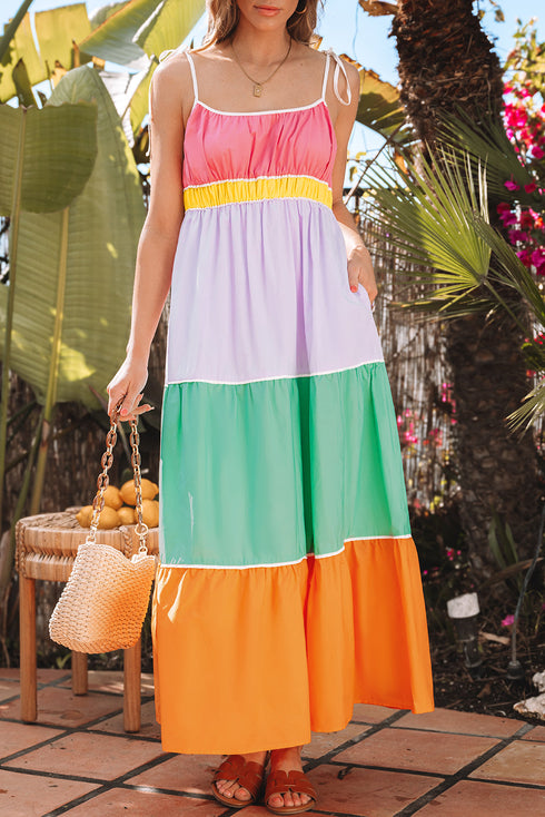 The Colorblock Self-tie Straps High Waist Flowy Maxi Dress with Pockets