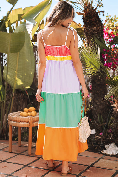 The Colorblock Self-tie Straps High Waist Flowy Maxi Dress with Pockets