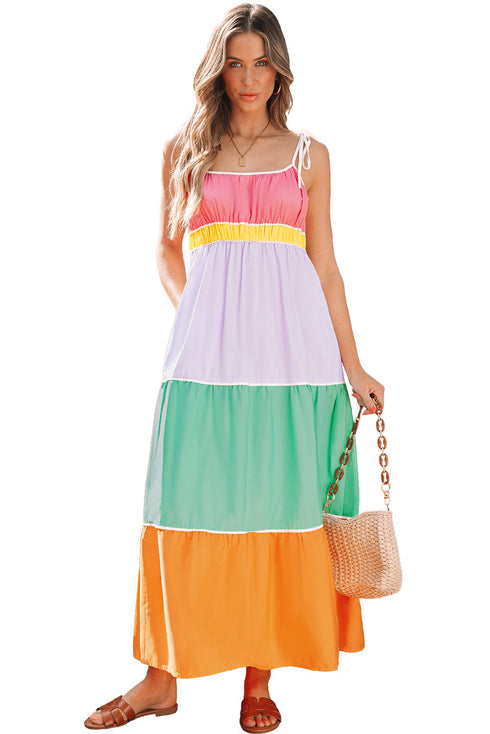 The Colorblock Self-tie Straps High Waist Flowy Maxi Dress with Pockets