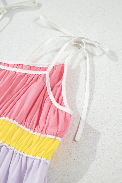 The Colorblock Self-tie Straps High Waist Flowy Maxi Dress with Pockets