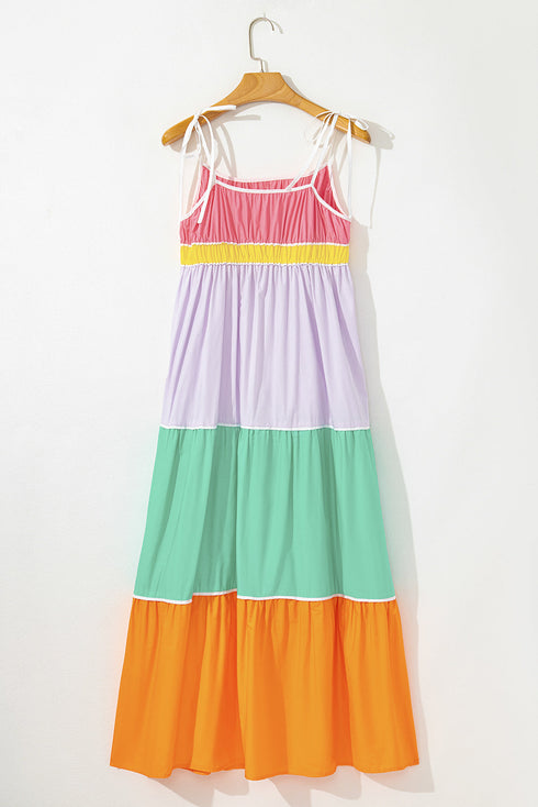 The Colorblock Self-tie Straps High Waist Flowy Maxi Dress with Pockets