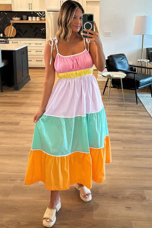 The Colorblock Self-tie Straps High Waist Flowy Maxi Dress with Pockets