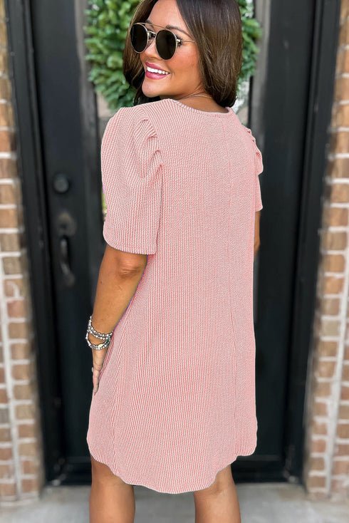The Corded Knit Crew Neck Puff Sleeve Shift Mini Dress