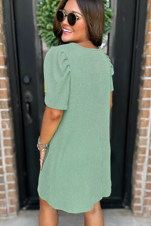 The Corded Knit Crew Neck Puff Sleeve Shift Mini Dress